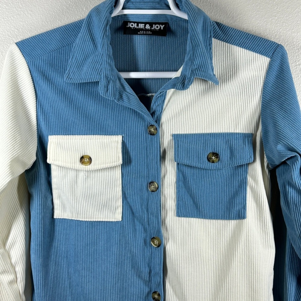Jolie & Joy Womens Colorblock Corduroy Button Down Shirt Blue White Medium